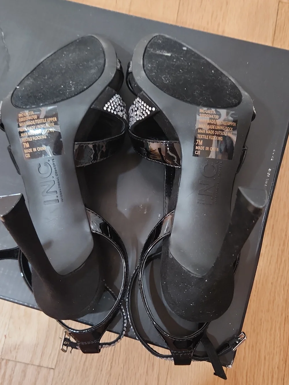 I.N.C. Black Strappy Rhinestone T‑Strap High Heel Sandals